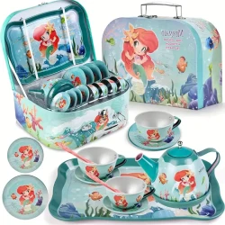 TOIYESE 19pcs Mermaid Tea Party Playset for Girls Ages 3-6 - Includes Tin Tea Set & Carrying Case, Perfect Princess Pretend Play Kitchen Toy, Ideal Birthday Gift