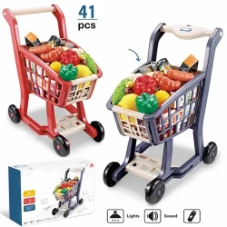 Kids' Play Supermarket Shopping Cart Toy - Perfect Christmas Gift for Ages 3-6, Includes Fruits & Vegetables, Blue, Batteries Not Included