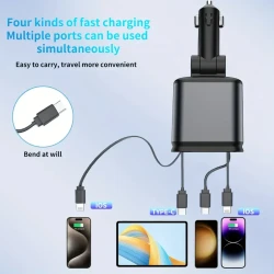 W&O 4-in-1 Retractable Car Charger – High-Power Adapter with USB & Type-C Ports