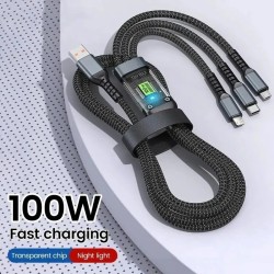 3-in-1 100W Transparent Fast Charging Cable - Type-C, USB, Micro USB