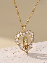 Zircon Virgin Mary Hollow Heart Pendant Necklace Women's Clavicle Chain