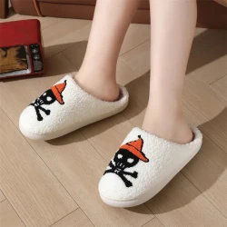 Halloween Skull Rose Slippers Winter Warm Indoor Floo