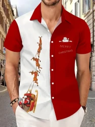 Men's Christmas Themed Reindeer Color Blocking Print Short Sleeve Shirt For Summer, Casual Comfy Shirt As Gift, Outdoor Cloth