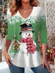 Festive Christmas Snowman Print Long Sleeve V-Neck T-Shirt for Women - Holiday Seasonal Style