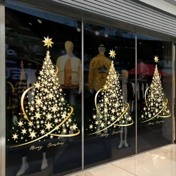 2 Pack PVC Golden Christmas Tree Window Decals, DIY Static Cling Decoration for Door Wall Showcase Display