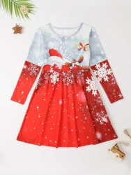 Girls Cartoon Reindeer Graphic Crew Neck Dresses Kids Gift Christmas Halloween