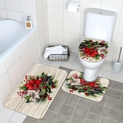 3-Piece Christmas Pine Needles Pattern Bathroom Rug Set - Soft, Washable, Non-Slip, and Machine Made - U-Shaped Bath Mat, Contour Mat, and Toilet Lid Cover for Bathroom and Bedroom Decor