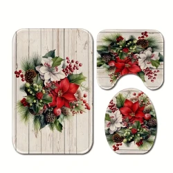 3-Piece Christmas Pine Needles Pattern Bathroom Rug Set - Soft, Washable, Non-Slip, and Machine Made - U-Shaped Bath Mat, Contour Mat, and Toilet Lid Cover for Bathroom and Bedroom Decor