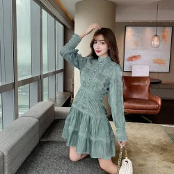 French Light Luxury Puff Sleeve High Waist Slim Midi Dress