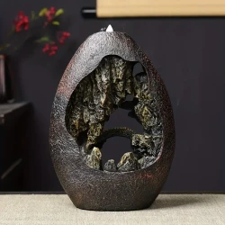 Waterfall Backflow Mountain Rockery Teahouse Fengshui Incense Burner, Ceramic Censer, Home Office Incense Passage Incense Insert Decor