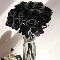 10-Pack Luxurious Artificial Black Roses with Long Stems - Realistic Plastic Fake Silk Flowers for Spooky Halloween Decor.