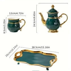 Elegant Ceramic Tea Set: Luxurious Green and Golden Water Kettle with Six Cups and a Tray - Perfect for Tea Time