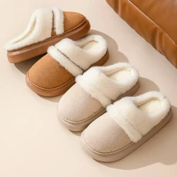 Warm Cotton Slippers For Women Leisure Thick Bottom Non-slip Plus-velvet House Shoes Winter Bedroom Floor Suede Slipper