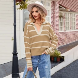 Women's Fashion Patchwork Stripes Lapel Loose Sweater