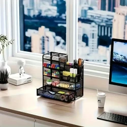 Metal Desk Organizer, Multi-Layer Office Folder Storage, Lightweight Black Desktop File Holder, Casual Style, Hand Washable, No Oil Edging