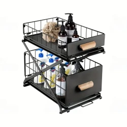 2-Tier Kitchen Bathroom Organizer Countertop Cabinet Spice Storage Basket Under Sink Basin Rack Sliding Drawer Foldable 3-Level Height Adjustable Black