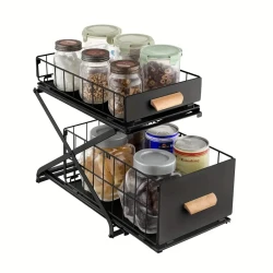 2-Tier Kitchen Bathroom Organizer Countertop Cabinet Spice Storage Basket Under Sink Basin Rack Sliding Drawer Foldable 3-Level Height Adjustable Black