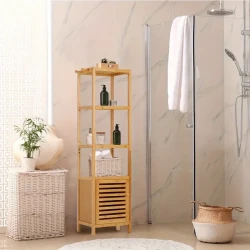 4 Tiers Multifunctional Floor Tall Slim Storage Cabinet Bathroom Storage Cabinet With Shelves Bamboo Towel Cabinet For Living Room Organizer