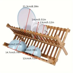 Double Tier Wooden Foldable Sink Dish Drainer Plate Cutlery Dryer Draining Rack Holder Kitchen