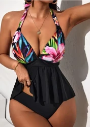 Flirty Tropical Print Tankini Set - Halter V Neck Peplum Swimsuit with High Cut Legs - Fashionable 2 Piece Swimwear for Women