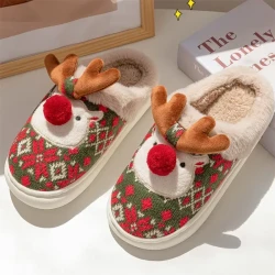 Cute Christmas Elk Plush Slippers – Cozy Non-slip Fuzzy House Shoes for Women