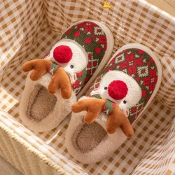 Cute Christmas Elk Plush Slippers – Cozy Non-slip Fuzzy House Shoes for Women