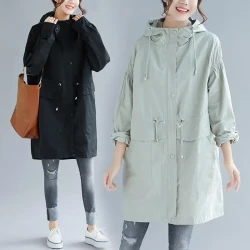 Large size autumn 200 kg Korean loose mid-length hooded trench coat