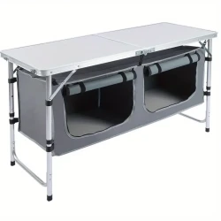 Outdoor Folding Table, Camping Table with Storage Cloth Cabinet, Portable Aluminum Lightweight Table, 3 Adjustable Heights, Suitable for Indoor, Barbecue, Party, Picnic, Camping, Hiking, Beach