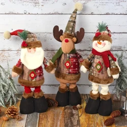 Set of 3 Extendable Christmas Figurines - Vintage Style Standing Santa, Snowman, Reindeer - Fabric and Felt, No Assembly Required, Festive Holiday Decor for Home Display - Seasonal Decoration for Christmas, New Year Without Electricity - 19.69inch Tall