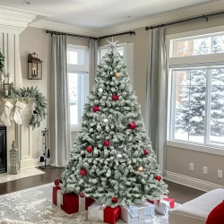 6ft Snow Flocked Artificial Full Christmas Pine Tree - 880 Branch Tips, Foldable Base, Realistic Snow Effect, Easy Assembly, Durable, Space-Saving, Perfect for Home, Party, Office Decoration - Ideal for Indoor and Outdoor Use