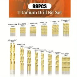 99pcs Titanium Coated High Speed Steel Drill Bit Set, HSS Round Shank Twist Drill Bits With Storage Case For Metal