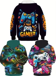 3pcs Boys' Gamer Hoodie Set - 3D Game Controller Print, Long Sleeve Pullover with Pockets for Fall/Winter Outdoor Fun