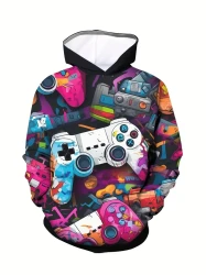 3pcs Boys' Gamer Hoodie Set - 3D Game Controller Print, Long Sleeve Pullover with Pockets for Fall/Winter Outdoor Fun