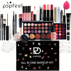 POPFEEL All-in-One Makeup Kit for Beginners, Assorted Cosmetics Set with Eyeshadow, Lipstick, Blush, Eyeliner, Brow Pencil, Mascara, Cream Texture, Mixed Color Palette