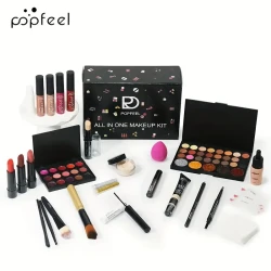 POPFEEL All-in-One Makeup Kit for Beginners, Assorted Cosmetics Set with Eyeshadow, Lipstick, Blush, Eyeliner, Brow Pencil, Mascara, Cream Texture, Mixed Color Palette