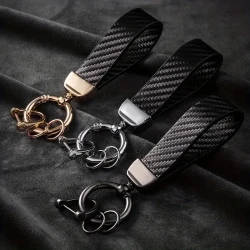 Carbon Fiber PU Leather Keychain with Mesh Hand Rope