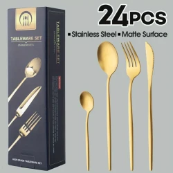 Golden Stainless Steel 304 Cutlery Set Dinner Knife Fork Spoon 24pcs Gift Set