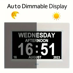 Digital Calendar Day Alarm Clock, Photo Frame Media Player, Auto Dimmable And Sun Moon Icons, 4 Alarm Options & 10 Languages