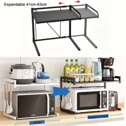 Microwave Oven Rack Kitchen Storage Shelf, Expandable Microwave Stand, Kitchen Utensils Tableware Storage Rack, Carbon Steel Storage Shelf With 6 Hooks