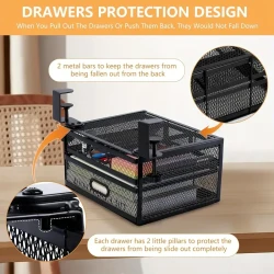 Metal Under Desk Drawer Organizer, 26x13.5x21cm, Dual Sliding Drawers, Drill-Free Secure Clamps