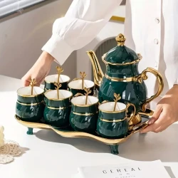 Elegant Emerald Green Ceramic Tea Set - Includes Pot, Cups & Spoons for Brewing Coffee or Tea - Perfect for Home Entertaining & Gifts