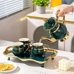 Elegant Emerald Green Ceramic Tea Set - Includes Pot, Cups & Spoons for Brewing Coffee or Tea - Perfect for Home Entertaining & Gifts