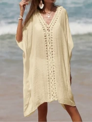 Crochet Hollow Out Batwing Sleeve Cover Up Dress, Plain White Loose Fit Elegant Beach Kaftan, Women's Swimwear & Clothing For Holiday