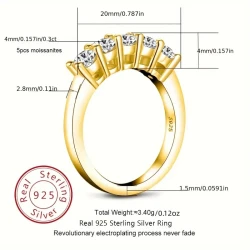 Luxury 14K Golden Plated 925 Silver Moissanite Anniversary Ring, 1.5CT Total Weight, Fashionable Eternal Promise Engagement Band for Women, Suitable for Daily Wear and Special Occasions