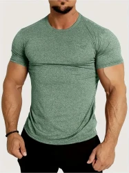 Solid Color Men's Stretch Breathable Quick-drying Short Sleeve Round Neck Fitness T-shirt For Summer, Gift For Men