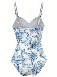 Vintage Blue Chinoiserie Print Push Up 2 Piece Swimsuits, Spaghetti Strap Elegant One-piece Bathing-suit & Tie Side Cover Up