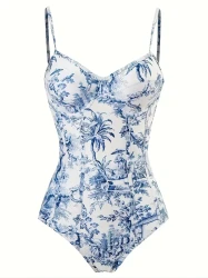 Vintage Blue Chinoiserie Print Push Up 2 Piece Swimsuits, Spaghetti Strap Elegant One-piece Bathing-suit & Tie Side Cover Up