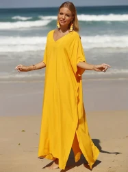 Plus Size Maxi Cover Up - Relaxed Fit, Solid Color, Bat Wing Sleeve, V-Neck, Split Hem Design for Women with Curves