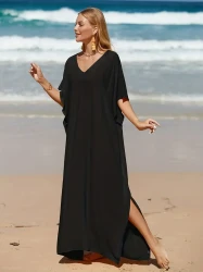 Plus Size Maxi Cover Up - Relaxed Fit, Solid Color, Bat Wing Sleeve, V-Neck, Split Hem Design for Women with Curves