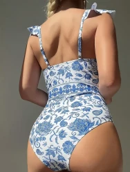 Blue And White Porcelain Print Stylish Comfy Fashion Design One-piece Swimsuit, Classic & Elegant Bathing Suit, Women's Swimwear & Clothing